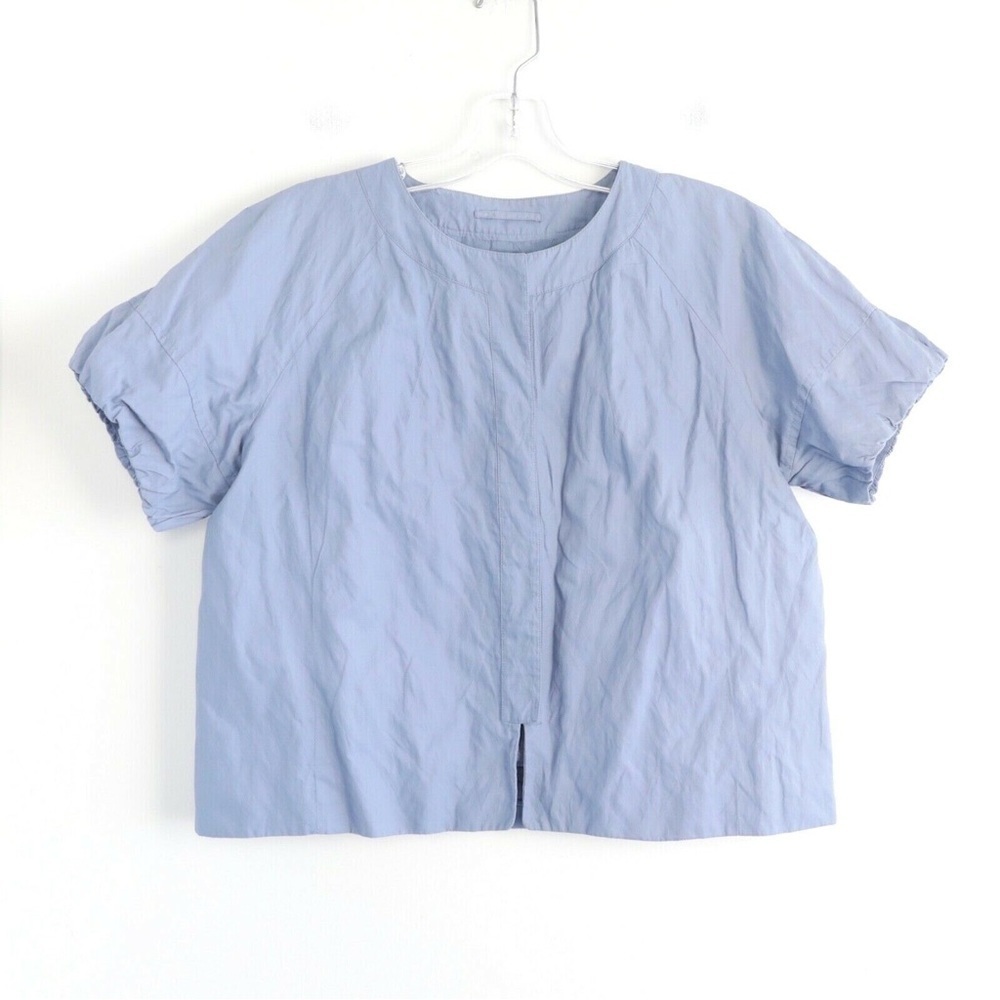 Emanuel Ungaro blouse pastel blue puff sleeve crinkle top luxury high designer M